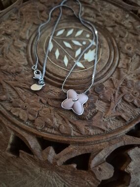 Wedgwood Silver-Tone Necklace with Soft Pink Four-Petal Flower Pendant